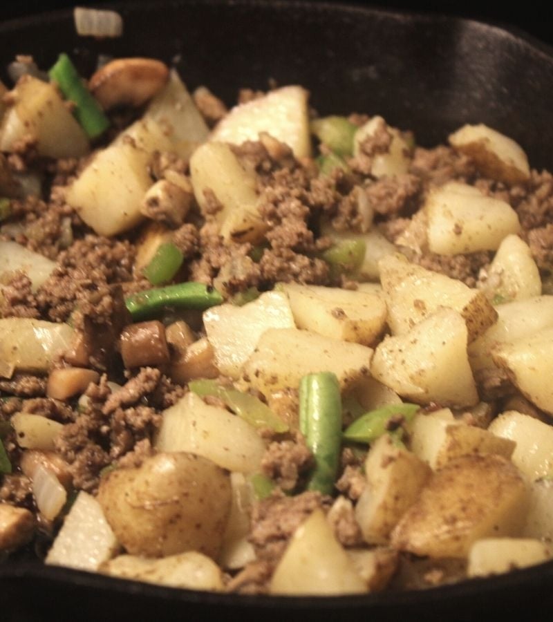 Poor Man's Meal with ground beef in cast iron skillet